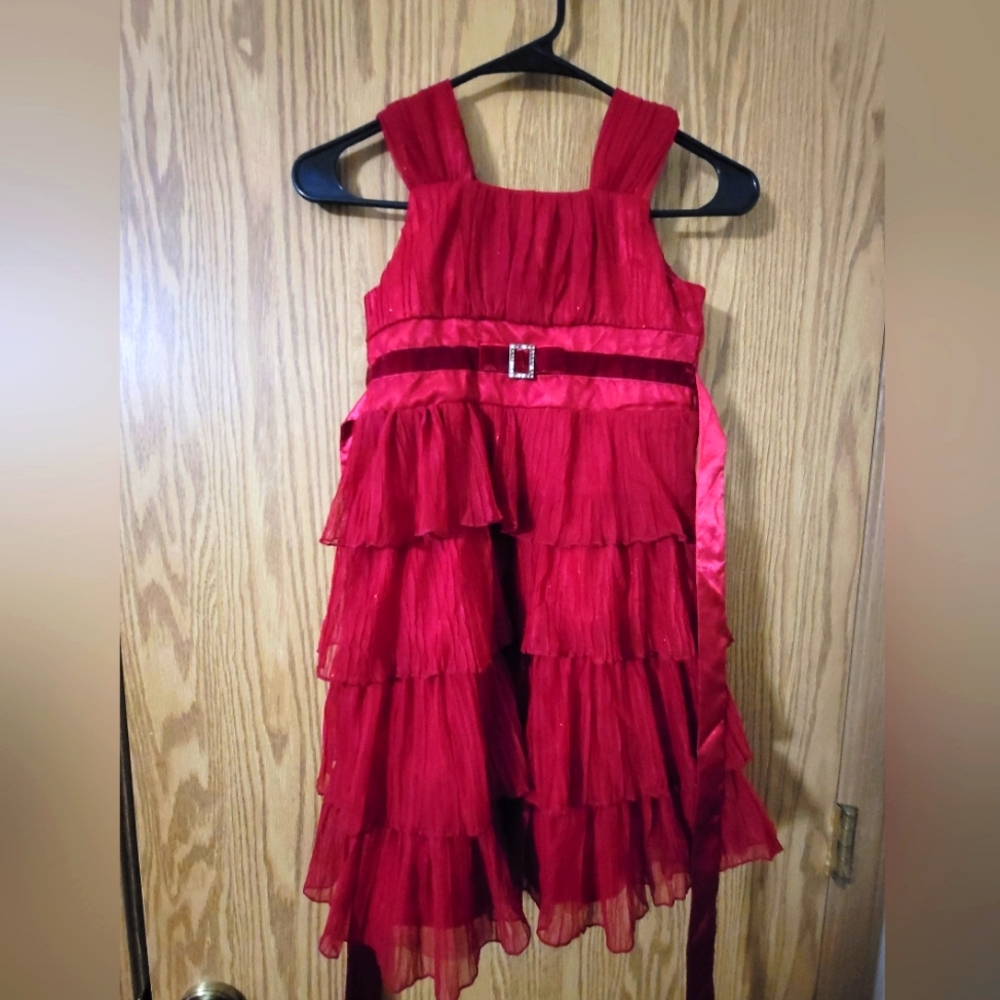 Jona Michelle Girls Size 7 Red Ruffled Dress with Waist Tie